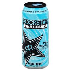 a can of rock star pina cola on a white background with the caption energy drink