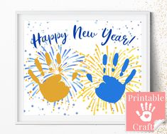 a happy new year card with two hands and fireworks