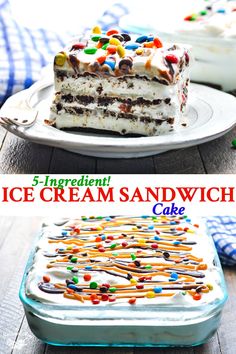 an ice cream sandwich cake on a plate with the words, 5 ingredient ice cream sandwich cake