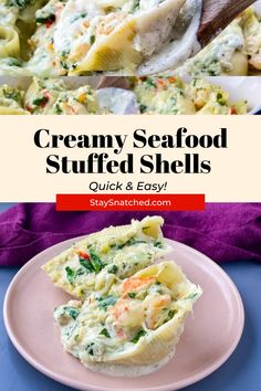 creamy seafood stuffed shells on a plate with text overlay that reads, creamy seafood stuffed shells quick and easy