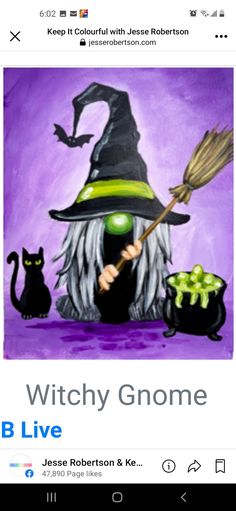 a painting of a witch with a broom and black cat