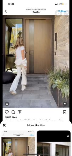 an instagramted photo of a woman walking out of a house with her hand in her pocket