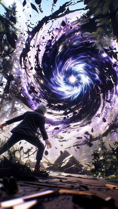 a man standing in the middle of a forest looking at a spiral vortex above him