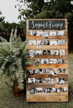 a wooden sign that has photos on it