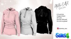 three women's hoodies in different colors and sizes