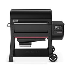 a black bbq grill with wheels on the front and side, sitting against a white background