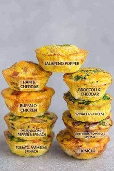 there are many different types of quiches in the stack on top of each other