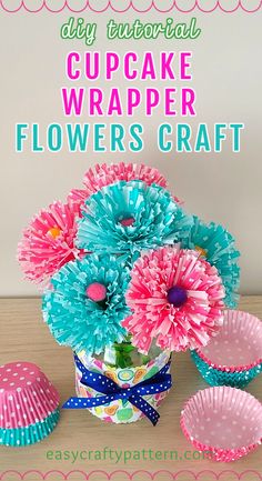 Blue and pink cupcake liner flowers bouquet. Cupcake Liner Crafts, Cupcake Liner Flowers, Flower Crafts Kids, Paper Flowers Diy Easy, Cupcake Wrapper, Flowers Craft, Spring Crafts For Kids, Crafts For Seniors, Flower Craft