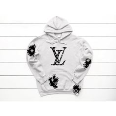 LV inspired hoodie w/patches. Color: White Poly/Cotton Care Instructions: Machine wash Unisex Sizing Louis Vuitton Patches, Lv Hoodie, Hoodie With Patches, Louis Vuitton Hoodie, Lv Inspired, Vuitton Outfit, Clothes Organization Diy, Designer Sweatshirts, Designer Hoodies