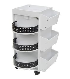 three tiered storage cart with wheels and black dots on the bottom, in white