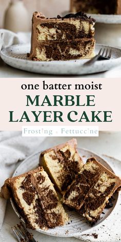 two slices of marble layer cake on plates