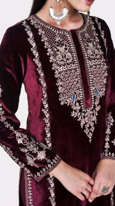 Velvet Shirts, Velvet Outfit, Designer Suits Online, Design Kurta, Velvet Shawl, Kurti Embroidery