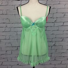 Spree Intimates Women’s Mint Babydoll 2 Pieces Set With Padded Bra, Adjustable Straps And Ruffled Hem. Size L. New With Tag. Green Sheer Sleepwear, Green Camisole For Bedtime, Sheer Green Sleepwear For Summer, Green Sheer Summer Sleepwear, Green Camisole With Built-in Bra, Sheer Sleeveless Green Sleepwear, Green Sheer Sleeveless Sleepwear, Throwing Fits, Cute Lingerie