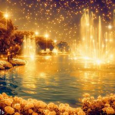 fireworks are lit up in the sky above a lake and trees with water lilies