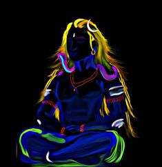 a painting of a woman sitting in the middle of a black background with bright colors