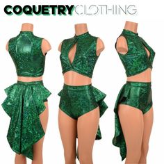 two pieces of green sequinized clothing on mannequins with the words coquetry clothing