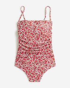 Ruched bandeau one-piece swimsuit in Liberty® Eliza's Red fabric Modest Swimming Suits, Swimming Suits, Jumpsuit And Blazer, Bandeau One Piece Swimsuit, Modest Swimsuits, Swimwear Dress, Sneaker Dress Shoes, Summer Swim Suits, Cute Swimsuits