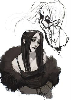 a drawing of a woman with long hair and a horse's head in the background