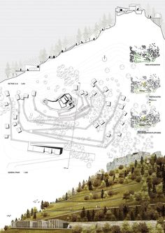 a drawing of a mountain with trees and buildings on the top, below it is a plan