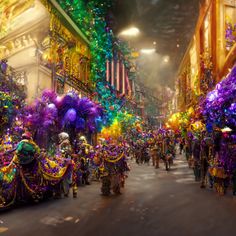 a group of people walking down a street next to tall buildings covered in mardi gras