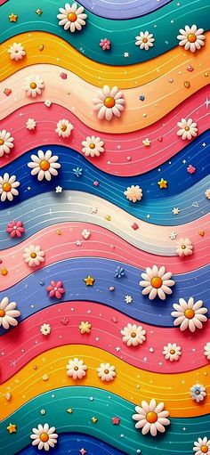 a colorful wall with flowers and stars on it