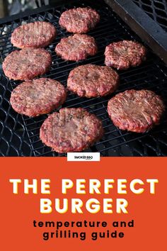 hamburgers cooking on the grill with text overlay that reads, the perfect burger temperature and grilling guide