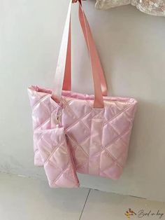 BirdinBag - Holographic Quilted Tote Bag Set with Shoulder Strap Pink Quilted Shoulder Bag For Daily Use, Trendy Pink Quilted Bag, Pink Quilted Pouch Bag, Pink Quilted Bag For Shopping, Pink Quilted Tote Bag, Quilted Bag, Shoulder Tote Bag, Bag Set, Shoulder Tote