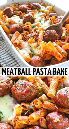 meatball pasta bake in a white casserole dish