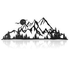 a black and white photo of mountains with trees in the foreground on a reflective surface