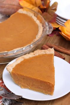 a slice of pumpkin pie on a plate