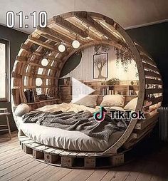 a circular bed made out of wooden pallets