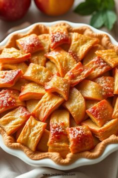 an apple pie on a table with apples in the background