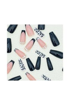 EALGA Black French Tip Press on Nails with Rhinestones, Zebra Stripes Tips White False Nails, Black Press on Nails Design, Pink Coffin Press on Nails with Tips, French Nails Art, 12 sizes, 24 pieces EALGA-ST030 Pink Coffin, Country Nails, Nails Glossy, White Glitter Nails, French Nail Art, Coffin Press On Nails, White Nail Designs, Nails For Women