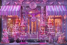 a store front decorated with pink and purple decorations