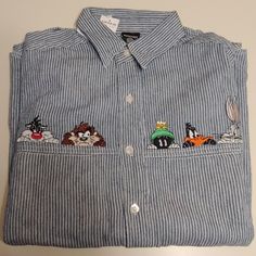 Warner Bros Studio Embroidered Character Long Sleeve Striped Shirt With Tags. Never Worn Size Xs Embroidered Button-up Top For Day Out, Vintage Embroidered Button-up Shirt, Streetwear Button-up Shirt With Snap Buttons, Retro Button-up Shirt With Button Closure, Embroidered Denim Button-up Shirt, Warner Bros Studios, Striped Long Sleeve Shirt, Warner Bros, Striped Shirt