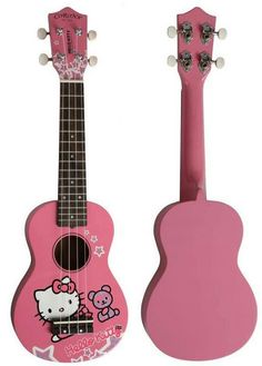 a pink ukulele with hello kitty on it