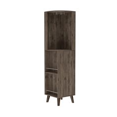 a tall wooden cabinet with two doors on one side and an open drawer on the other