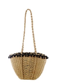 "This elegant crossbody straw bag is touched with adorable black mini pom poms around the edge. Fully lined with black cotton fabric and features with twisted shoulder straps. Perfect for spring and summer vacation or a trip to the beach. Material: straw Closure: drawstring Measurement: 12\" wide x 8.5\" high Shoulder strap: 16\" drop Color: camel brown 1 Interior pocket for cellphone Very convenient for beach goers. Ready to Ship from Los Angeles, California." Black Bucket Straw Bag, Black Woven Straw Beach Bag, Black Straw Beach Bag With Braided Handles, Casual Summer Bucket Bag With Tassels, Black Bucket Bag For Beach, Vacation Black Straw Bucket Bag, Summer Beach Bucket Bag With Tassels, Handwoven Black Bucket Bag For Vacation, Summer Vacation Bucket Bag With Tassels