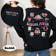 the back of a woman's black sweatshirt with school psych on it and various icons