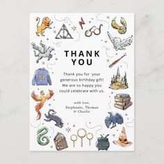 a thank card for someone's birthday with harry potters and other things on it