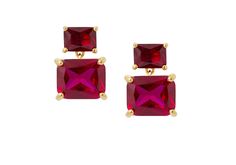 Give your look a burst of color and texture with these striking Rectangle Drop Earrings. Crafted with shimmering red gems, the stud and drop earring design exudes elegance. Add a touch of sophistication and you're ready to make a bold fashion statement. split  Prong set rectangle cut cubic zirconia stones 14K gold plated sterling silver Post stud back Made in Thailand  Style Number  E1011 Red Rectangular Jewelry For Evening, Rectangular Red Jewelry For Evening, Thailand Style, Red Gems, Ear Style, Earrings Red, Drop Earring, Gold Plated Sterling Silver, Designer Earrings