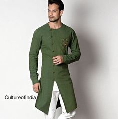 Give yourself a best ethnic look by wearing this Indian Sherwani style kurta. Made of Rich blend fabric this regular-fit set comprises a full-sleeved Indian Sherwani kurta with Pants. This outfit with Shoes will look apart on special occasions like in Wedding, Parties etc. Material : Cotton Fabric, Buttons. Colour : Green (More Colour Options are Available) Sleeves : Long Pockets : Available White Cotton Pant is with Each Sherwani Kurta. Made to Order Sherwani Kurta. As per standard, for best lo Luxury Green Straight Kurta Sherwani, Green Straight Kurta Sherwani For Puja, Bottle Green Kurta For Men, Parrot Green Kurta For Men, Green Semi-stitched Long Sleeve Sherwani, Indian Kurta, Wedding Sherwani, Ethnic Looks, Kurta With Pants