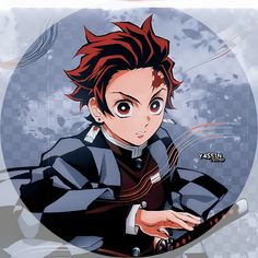 an anime character with red hair and blue eyes holding a knife in his right hand