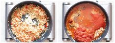 two pans filled with food sitting on top of a stove next to each other