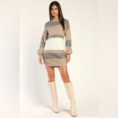 Striped White, Gray, And Taupe Sweater Dress. Mockneck Taupe Sweater, Wrap Sweater Dress, Mock Neck Sweater Dress, Sweater Dress Outfit, Mini Sweater, Striped Sweater Dress, Taupe Grey, Leopard Print Sweater, Long Sweater Dress