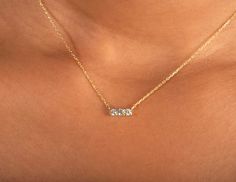 "✦ Trio Diamond Necklace ✦ Our 14K Solid Gold Trio Stone Diamond Necklace is handcrafted with an elegant and timeless design. The trio stone design is a classic and never goes out of style. Specifications ------------------------------------------ 📅 Made to order, 3-5 business days 🛫 Free Fast Shipping * Metal: 14k Yellow Gold / 14k White Gold / 14k Rose Gold * Chain width: 1.00mm * Chain length: 14-16\", 16-18\", 18-20\" * Outer diameter: 11.10mm X 3.50mm pendant * Diamonds: 3 X 2.50mm (0.18c Luxury Three Stone Minimalist Jewelry, Luxury Three Stone Diamond Necklace For Anniversary, Minimalist 14k Gold Diamond Necklace With Prong Setting, Delicate 14k Gold Necklace With Prong Setting, Dainty Diamond Necklace With Accents For Anniversary, Dainty Yellow Gold Diamond Necklace In Prong Setting, Dainty Yellow Gold Diamond Necklace With Prong Setting, 14k Gold Pendant Diamond Necklace For Anniversary, 14k Gold Necklace With Diamond Accents For Anniversary