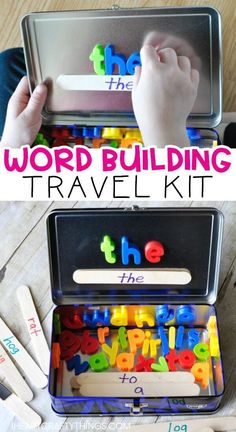 the word building travel kit is filled with letters, numbers and pencils to help kids learn