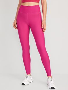 Featuring PowerSoft: light compression with a peachy-soft feel.  Elasticized waistband.  On-seam pockets.  Four-way super stretch.  Go-Dry moisture wicking.  #751138 Sits at belly button.  Fitted hip and thigh.  Skinny leg hits at ankle.  Regular ins Pink Leggings Outfit, Hot Pink Leggings, Old Navy Leggings, Boot Cut Leggings, Cut Out Leggings, Stretch Leggings, Floral Leggings, Pocket Leggings, Pink Leggings