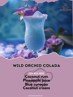 an advertisement for a drink called wild orchid cola, with purple flowers in the background