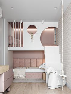 a bedroom with pink and white decor in the corner, along with a bunk bed